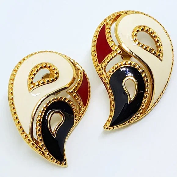 Vintage AVON Contrast Kaleidoscope Red Black Cream Enamel Gold Pierced Earrings - Picture 2 of 10